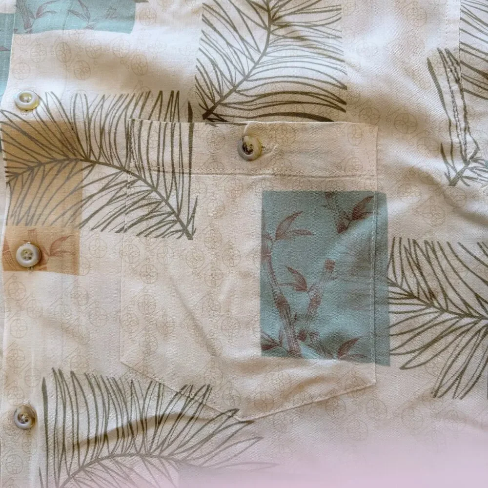 Kaylua Bay Resort Shirt Mens M Rayon Hawaiian Palm Leaf Bamboo Camp Tropical
